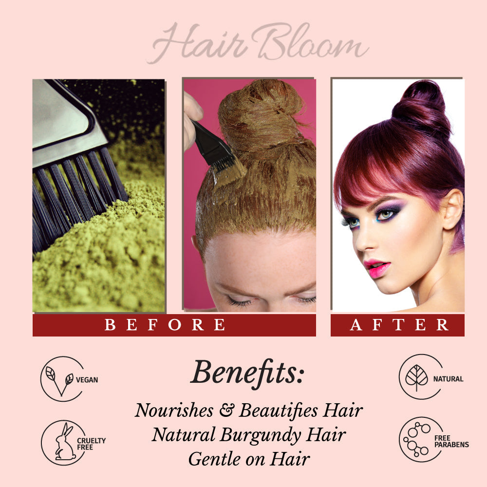 Hair Bloom Natural Burgundy Hair Color- Herbal Henna Burgundy Hair Color Powder- 12 individual sachets (10 gm each)- Reusable Brush & Tray Included